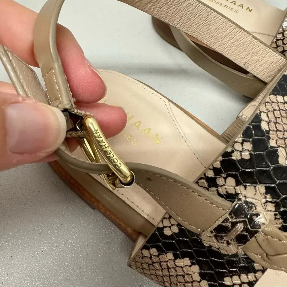 Cole Haan Grand Series Strappy Leather Sandals Women 8.5 Snake Print Cream Beach